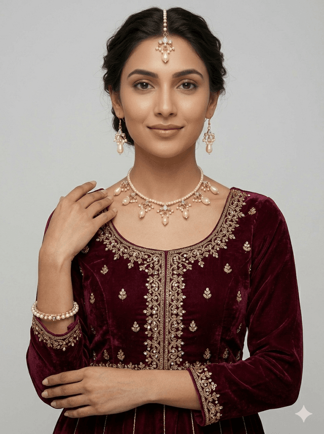 লাক্সারি ক্রিম পার্ল জুয়েলারি সেট (নেকলেস + ইয়াররিং + টিকলি)_img_1