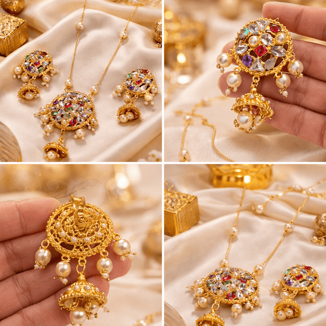 মাল্টি স্টোন পার্ল ঝুমকা নেকলেস সেট_img_1